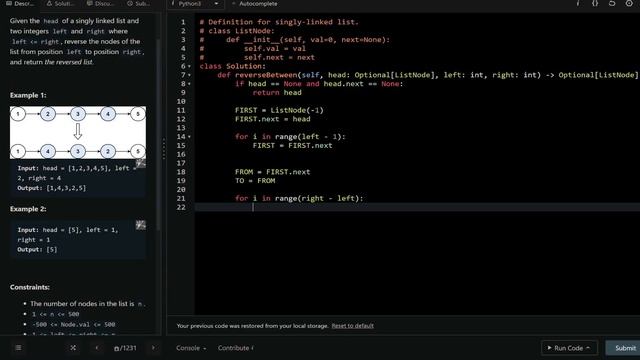 Reverse Linked List II (Python) смотреть онлайн
