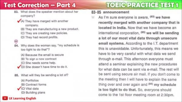 [TOEIC] PRACTICE TEST 1 - LISTENING Part 4: Talks - Answer Key & Audio Scripts (Đáp án)