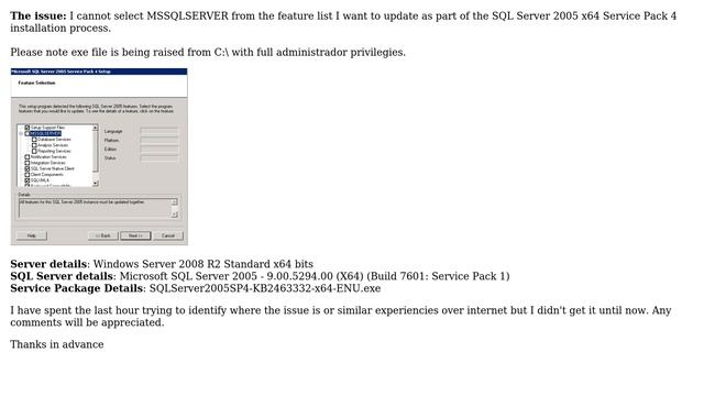 Databases: Cannot select features to install from SQL Server 2005 SP4 installation process смотреть онлайн