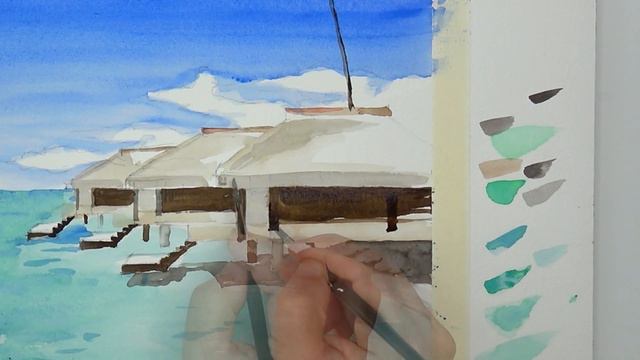 Watercolor Painting Overwater Bungalows Landscape смотреть онлайн