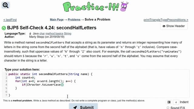 Java Practice It || 4.24 secondHalfLetters || char class, int method basics, return, String смотреть онлайн