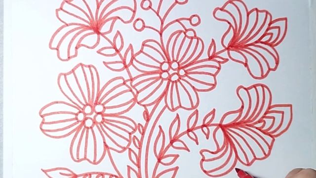 Декоративное рисование цветов красным маркером и цветными карандашами. смотреть онлайн