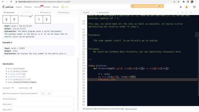 Leetcode 2371. Minimize Maximum Value in a Grid - reset from positions with smaller values to large смотреть онлайн