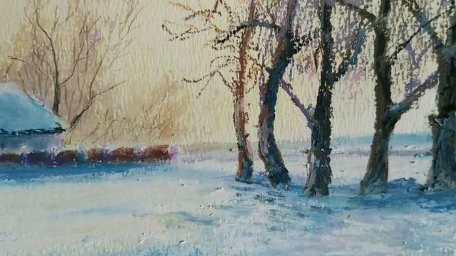 Обзор картины Зимний пейзаж масляной пастелью. смотреть онлайн