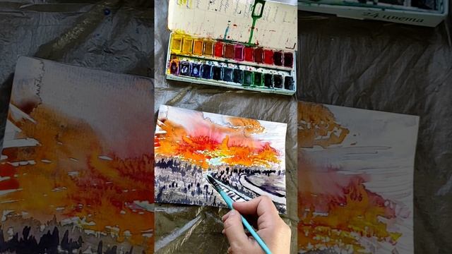 Как нарисовать акварелью закат над рельсами. Очень просто смотреть онлайн