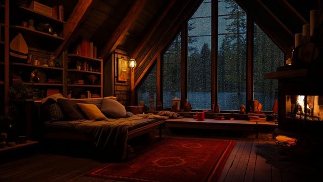 Cozy Cabin With Cozy Fireplace On Rain Day With Rain Sounds To Meditate, Sleep & Relaxation