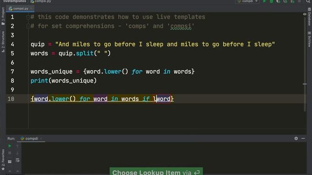 Productive PyCharm: Set comprehension with comps and compsi live templates смотреть онлайн