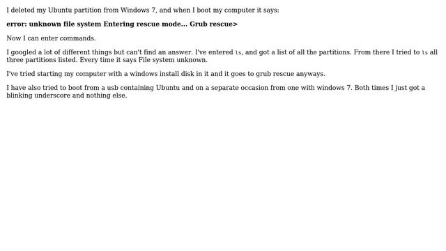 Ubuntu: Deleted Ubuntu partition now cannot get past Grub Rescue смотреть онлайн