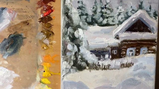 Простой зимний пейзаж маслом смотреть онлайн