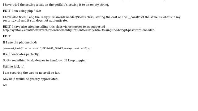 Symfony 2 - not authenticating user using bcrypt смотреть онлайн