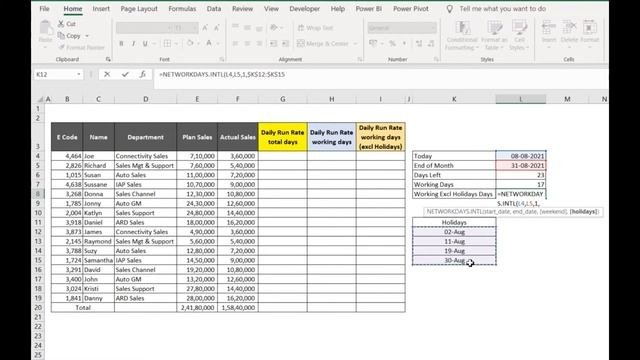 CALCULATE DAILY RUN RATE ON WORKING DAYS EXCL HOLIDAYS | Dynamic DAILY RUN RATE Calculation In Exce