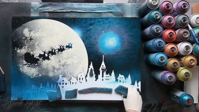 Village on Christmas Night - SPRAY PAINT ART by Skech (GLOW IN THE DARK ) смотреть онлайн