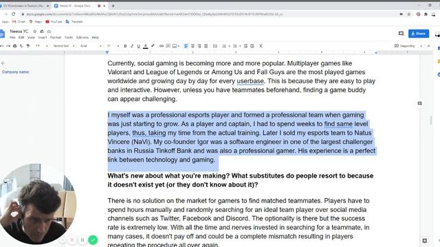 Стартап Neesa - поиск игроков League of Legends подается в акселератор YCombinator, заявка смотреть онлайн