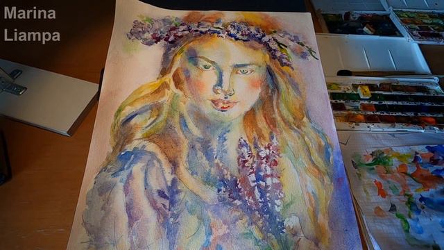 Watercolor painting - portrait. Girl with lavender. смотреть онлайн