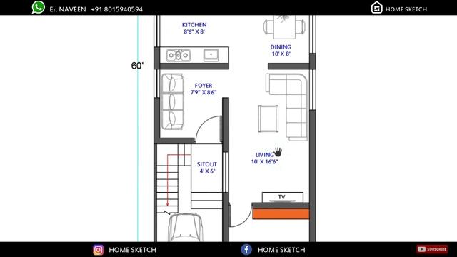 20x60 East Facing House Plan | 1200 Sqft Area | 3 BHK | Home Sketch смотреть онлайн
