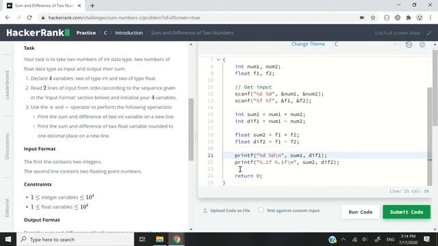 HackerRank Solution: Sum and Difference of Two Numbers in C смотреть онлайн