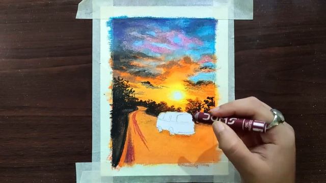 Road trip Sunset Landscape / Drawing with Oil Pastels - STEP by STEP смотреть онлайн