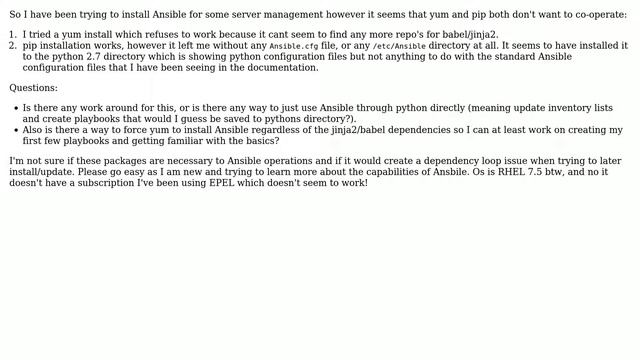 Unix & Linux: No Ansible config file or /etc/ansible directory after trying pip and yum install смотреть онлайн