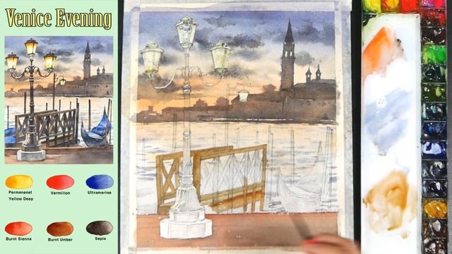 Venice Evening - Landscape Watercolor (sketch & color mixing, masking work, material introduce) смотреть онлайн