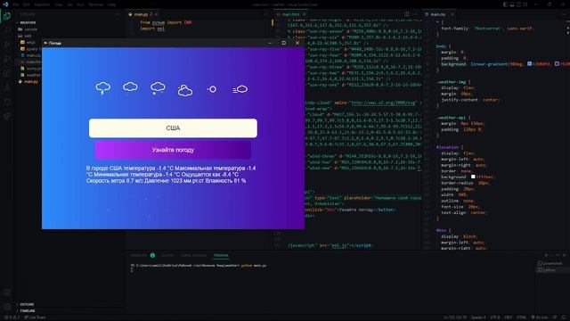 Приложение погода с использованием Python библиотек EEL , pyOWM смотреть онлайн