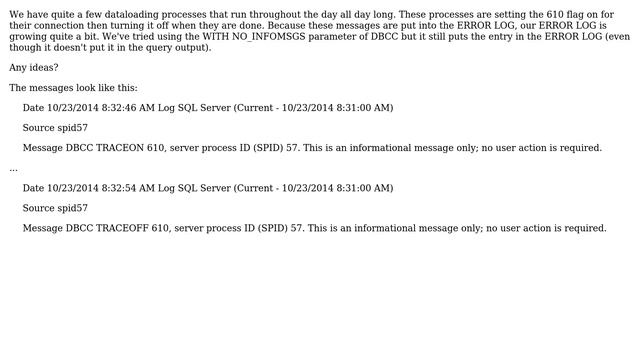 Databases: Is there a way to suppress DBCC TRACEON/OFF messages in the Error Log? смотреть онлайн