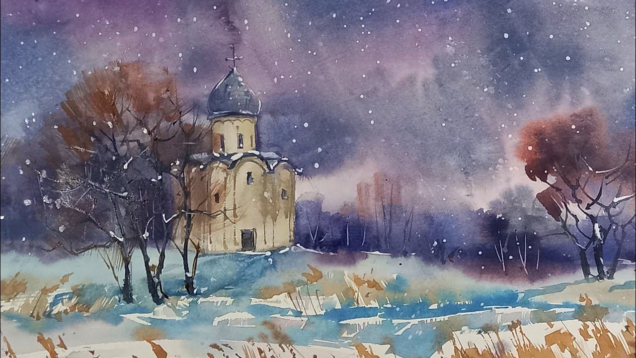 Нередица, первый день зимы, акварель алла-прима смотреть онлайн