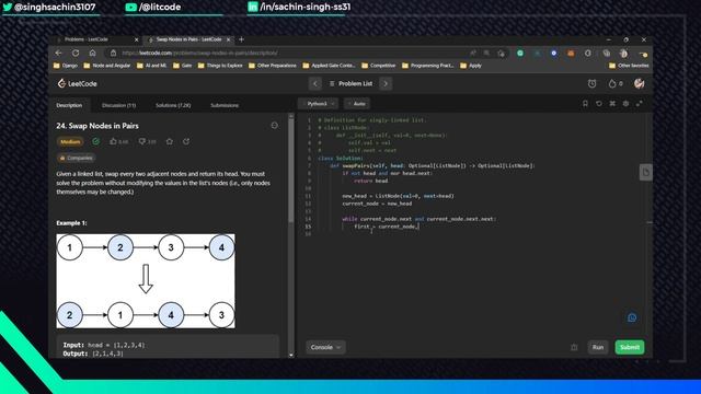 Leetcode 24. Swap Nodes in Pairs - Python Solution смотреть онлайн