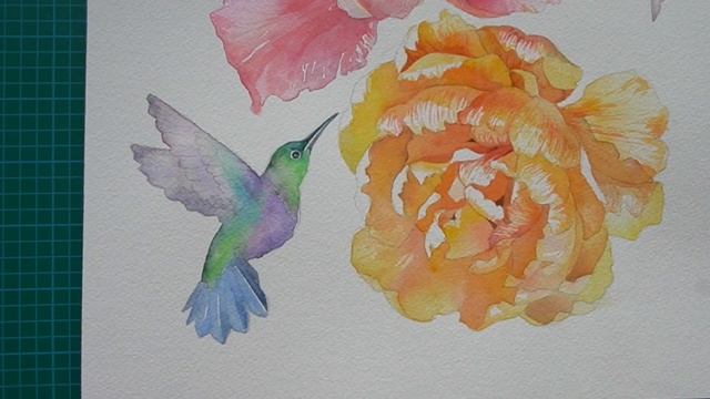 Watercolor Hummingbirds & Tulip Flowers - Painting Process смотреть онлайн