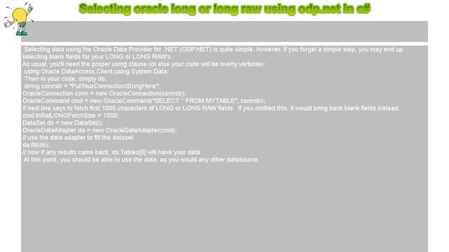 How to : Selecting oracle long or long raw using odp.net in c# смотреть онлайн