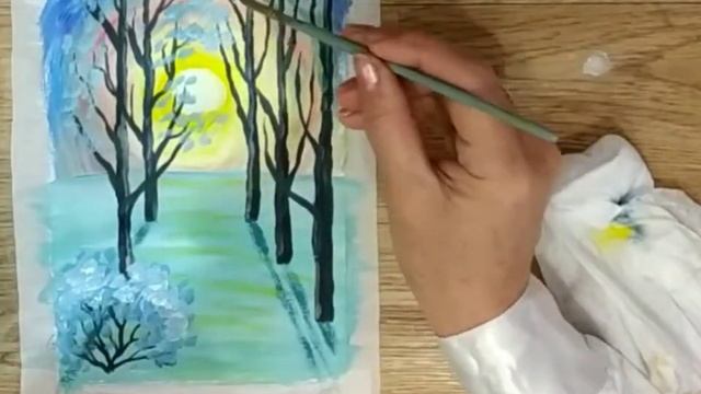 ЗИМНИЙ РИСУНОК для детей 3. Как нарисовать зимний пейзаж гуашью Tree Winter Рисуем вместе с детьми смотреть онлайн