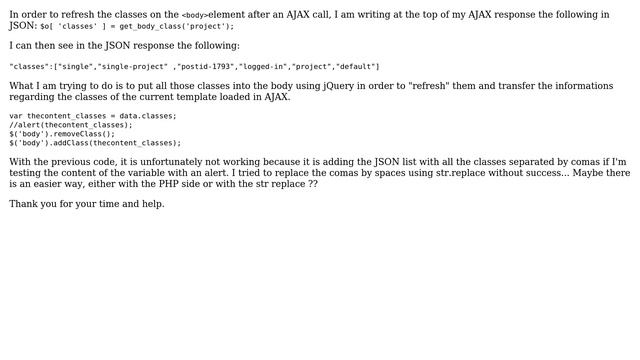 Wordpress: Can't add classes using jQuery from a JSON string with get_body_class() смотреть онлайн