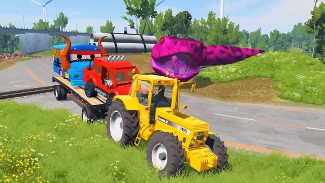 Funny Cars vs Flatbed Trailer Truck Car Rescue Monster truck potholes vs Trains Spiderman Slide смотреть онлайн