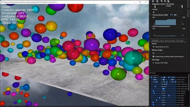 Raining rainbow gumballs example using ReactPhysics3D on OpenGL 4.5.0 core C++ смотреть онлайн