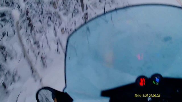 На снегоходе Скандик 550 в лесу сквозь ветки... смотреть онлайн