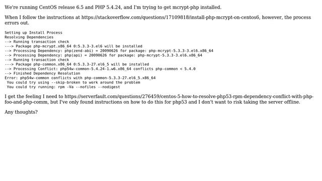 DevOps & SysAdmins: Resolving "php54w-common-5.4.24-1.w6.x86_64 conflicts php-common ＜ 5.4.0" смотреть онлайн