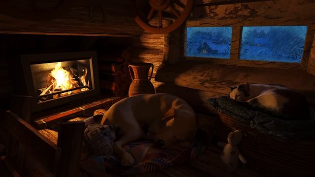 Cozy Winter Attic - Dog and Cat Sleep to the Relaxing Blizzard and Fireplace Sounds смотреть онлайн