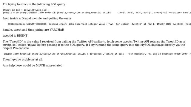 db_query gives PDO Exception "General error: 1366 Incorrect integer value:" when I try to update... смотреть онлайн
