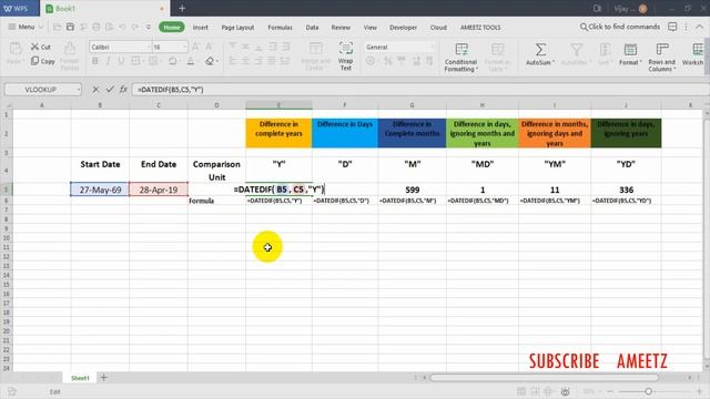 DATEDIF Function in WPS Spreadsheet смотреть онлайн