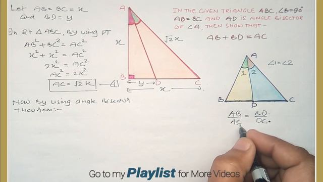 In the given triangle ABC, B= 90°, AB=BC and AD is Angle Bisector of Angle A then show that AB+BD=A смотреть онлайн
