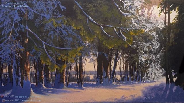 Acrylic Landscape Painting - Solar Awakening / Winter Landscape. Drawing Lesson. Painting.