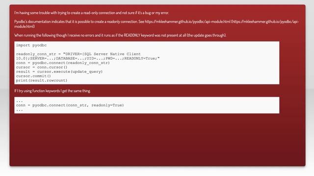 Readonly connection with mssql and pyodbc смотреть онлайн