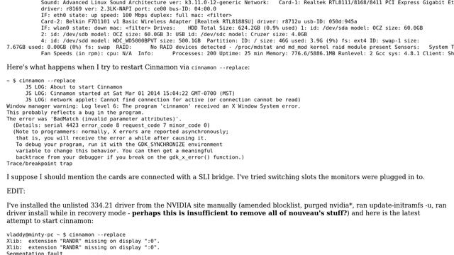 Cinnamon 2.0.14 crashing when a second monitor is enabled with NVIDIA drivers (Mint 16) смотреть онлайн