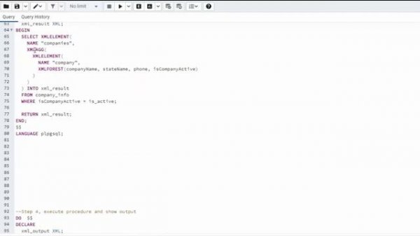 PostgreSQL -  Use Function to Generate XML from table data using XMLForest, XMLElement and XLMAgg.