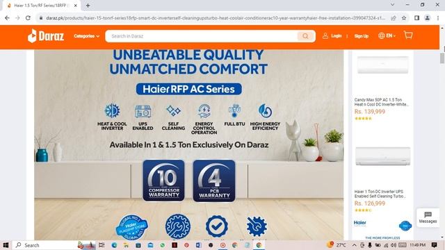 Haier 1 5 TonRF Series18RFP Smart DC Inverter+Self Cleaning+UPS+Turbo Heat & CoolAir ConditionerAC1