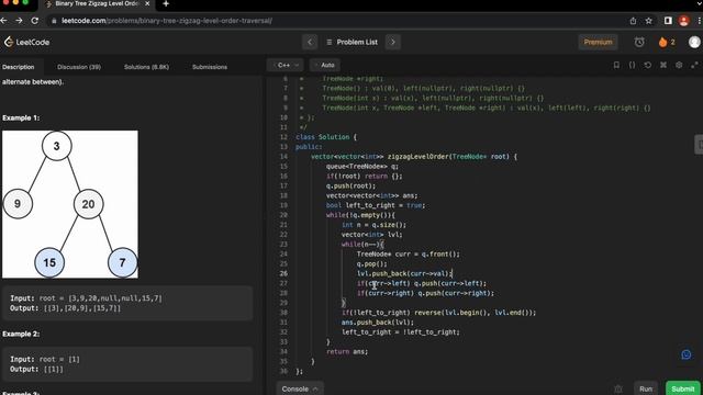 Binary Tree Zigzag Level Order Traversal | Breadth-first search (BFS) in C++ смотреть онлайн