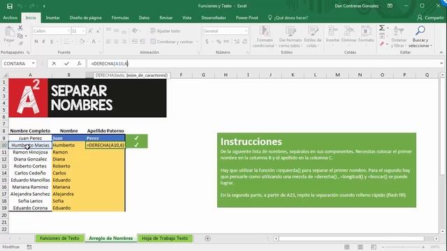 Como separar nombres y apellidos en Excel: funciones izquierda, derecha y relleno rápido смотреть онлайн