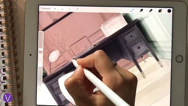 Интерьерный скетчинг на iPad в Procreate. Построение комнаты/ фронтальная перспектива смотреть онлайн