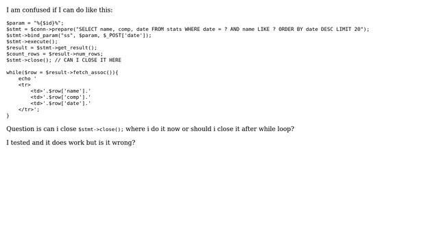 Fetching table using mysqli, closing statement before displaying results смотреть онлайн