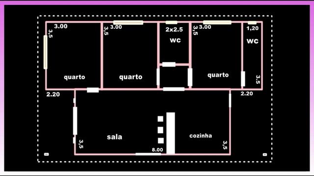 Planta De Casa Com 3 Quartos E Cozinha Americana - MEDIDAS