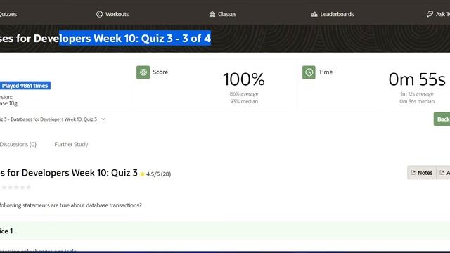ORACLE Databases for Developers: Foundations: Module 10 Week 10 Quiz 1-4 solution (DEV GYM) смотреть онлайн